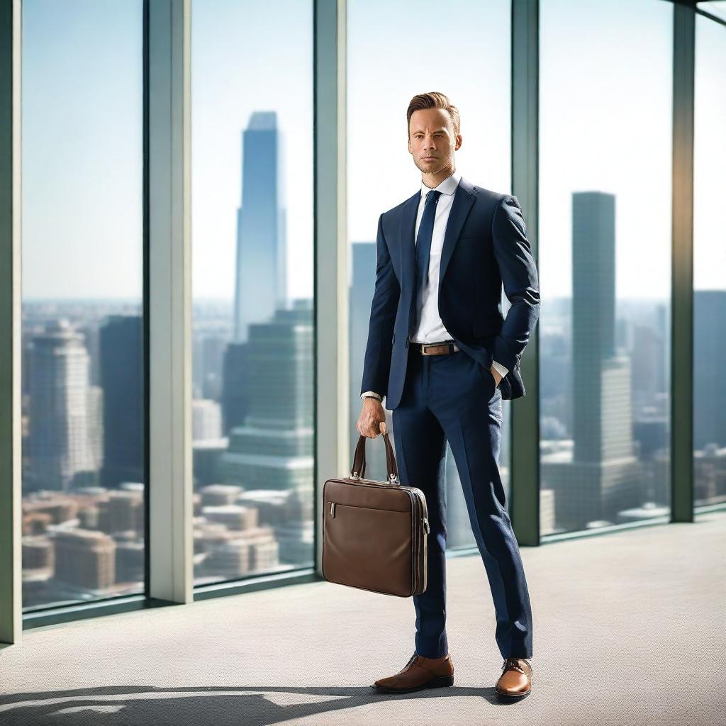 A successful businessperson standing confidently in a modern office, wearing a sharp suit and holding a briefcase