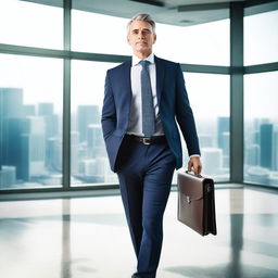 A successful businessperson standing confidently in a modern office, wearing a sharp suit and holding a briefcase