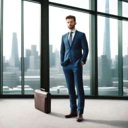 A successful businessperson standing confidently in a modern office, wearing a sharp suit and holding a briefcase