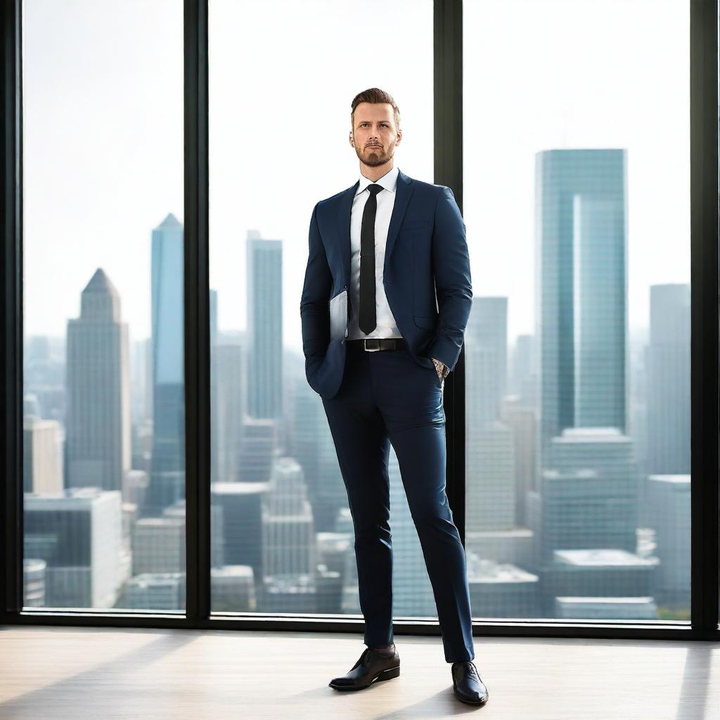 A successful businessperson standing confidently in a modern office, wearing a sharp suit and holding a briefcase