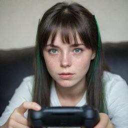 casual photograpy by kodak, female , 23 year old with green eyes and black long hai with withe streaks in the bangs, ocational clothes.,freckles, playing video games, medium distance shot, high detailed, 4k hd,  --styerw--v 5.2 ar 2-3