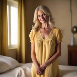 A mature blonde woman wearing a yellow baby doll nightdress