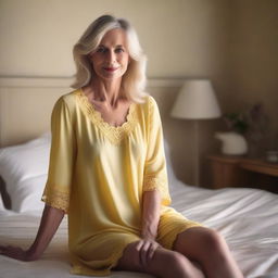 A mature blonde woman wearing a yellow baby doll nightdress