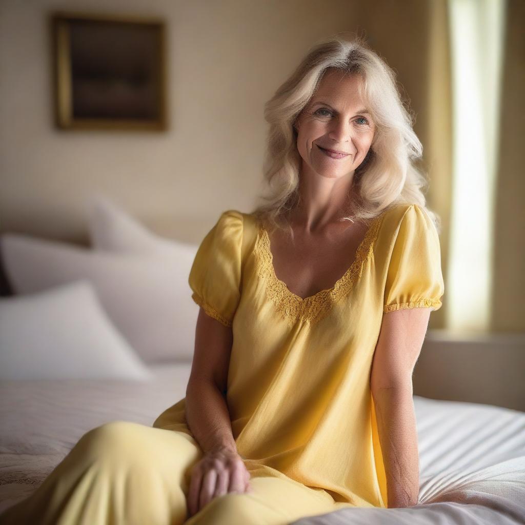 A mature blonde woman wearing a yellow baby doll nightdress