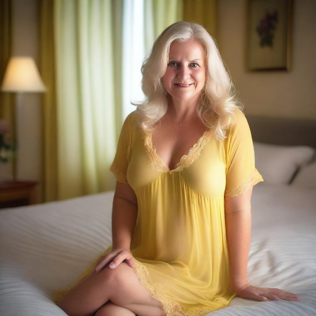 A mature, chubby blonde woman wearing a very transparent yellow babydoll nightdress