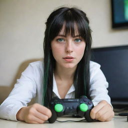 casual photograpy by kodak, female , 23 year old with green eyes and black long hai with withe streaks in the bangs, ocational clothes.,freckles, playing video games, medium distance shot, high detailed, 4k hd,  --styerw--v 5.2 ar 2-3