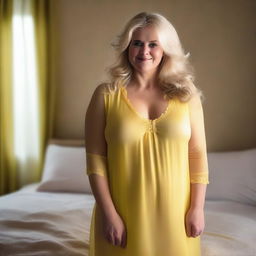 A mature, chubby blonde woman wearing a very transparent yellow babydoll nightdress