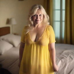 A mature, chubby blonde woman wearing a very transparent yellow babydoll nightdress