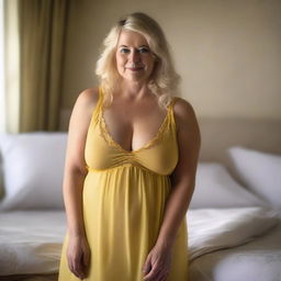 A mature, chubby blonde woman wearing a very transparent yellow babydoll nightdress