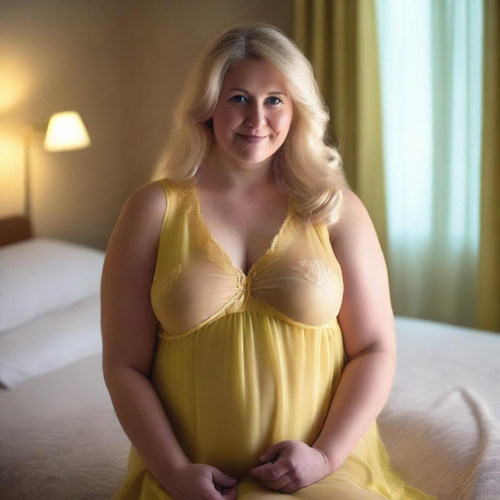 A mature, chubby blonde woman with medium-length hair wearing a very transparent, see-through yellow babydoll nightdress