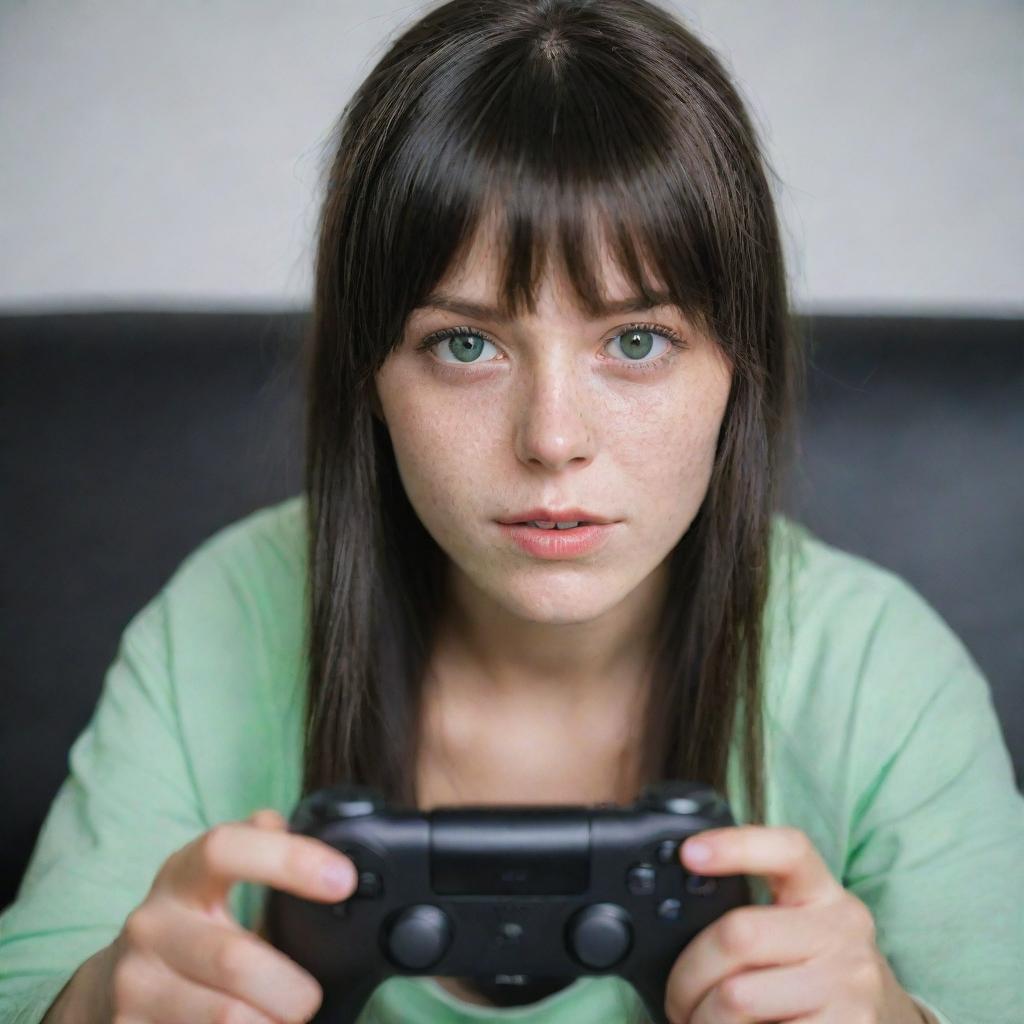 casual photograpy by kodak, female , 23 year old with green eyes and black long hai with withe streaks in the bangs, ocational clothes.,freckles, playing video games, medium distance shot, high detailed, 4k hd,  --styerw--v 5.2 ar 2-3