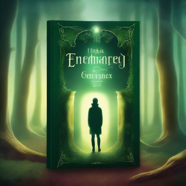 Create a captivating book cover featuring an enchanted forest with a mysterious glowing portal at its center