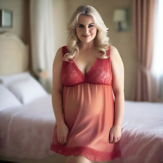 A mature, chubby blonde woman wearing a totally transparent, light scarlet short babydoll nightdress