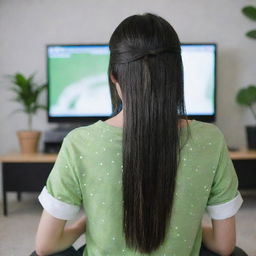 casual photograpy by kodak from the back, female , 23 year old with green eyes and black long hai with withe streaks in the bangs, ocational clothes.,freckles, playing video games, medium distance shot, high detailed, 4k hd,  --styerw--v 5.2 ar 2-3