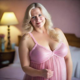 A mature, chubby blonde woman with sassy breasts and hard nipples wearing a totally transparent, pink short babydoll nightdress