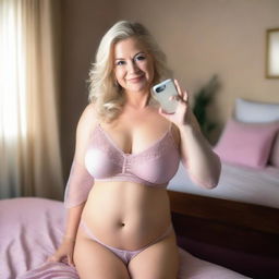 A mature, chubby blonde woman with sassy breasts and hard nipples wearing a totally transparent, pink short babydoll nightdress