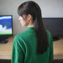 casual photograpy by kodak from the back, female , 23 year old with green eyes and black long hai with withe streaks in the bangs, ocational clothes.,freckles, playing video games, medium distance shot, high detailed, 4k hd,  --styerw--v 5.2 ar 2-3