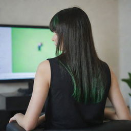 casual photograpy by kodak from the back, female , 23 year old with green eyes and black long hai with withe streaks in the bangs, ocational clothes.,freckles, playing video games, medium distance shot, high detailed, 4k hd,  --styerw--v 5.2 ar 2-3