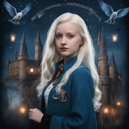 Create a cover that combines all these images: a nocturnal scene of Hogwarts, a portrait of a beautiful albino Ravenclaw girl with Harry Potter, symbols of magic like wands and Hogwarts, and unique elements of Magical Symphony, all using a mystical color palette.