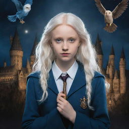 Create a cover that combines all these images: a nocturnal scene of Hogwarts, a portrait of a beautiful albino Ravenclaw girl with Harry Potter, symbols of magic like wands and Hogwarts, and unique elements of Magical Symphony, all using a mystical color palette.