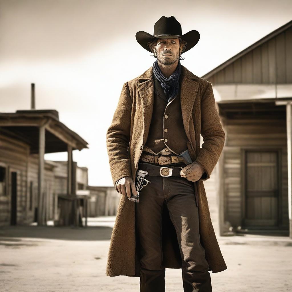 A wild west cowboy standing in a dusty frontier town, wearing a wide-brimmed hat, leather boots, and a long coat