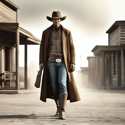 A wild west cowboy standing in a dusty frontier town, wearing a wide-brimmed hat, leather boots, and a long coat