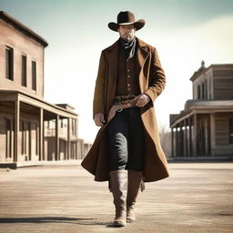 A wild west cowboy standing in a dusty frontier town, wearing a wide-brimmed hat, leather boots, and a long coat