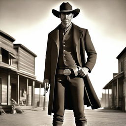 A wild west cowboy standing in a dusty frontier town, wearing a wide-brimmed hat, leather boots, and a long coat