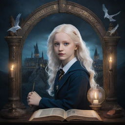 Create a cover that combines all these images: a nocturnal scene of Hogwarts, a portrait of a beautiful albino Ravenclaw girl with Harry Potter, symbols of magic like wands and Hogwarts, and unique elements of Magical Symphony, all using a mystical color palette.