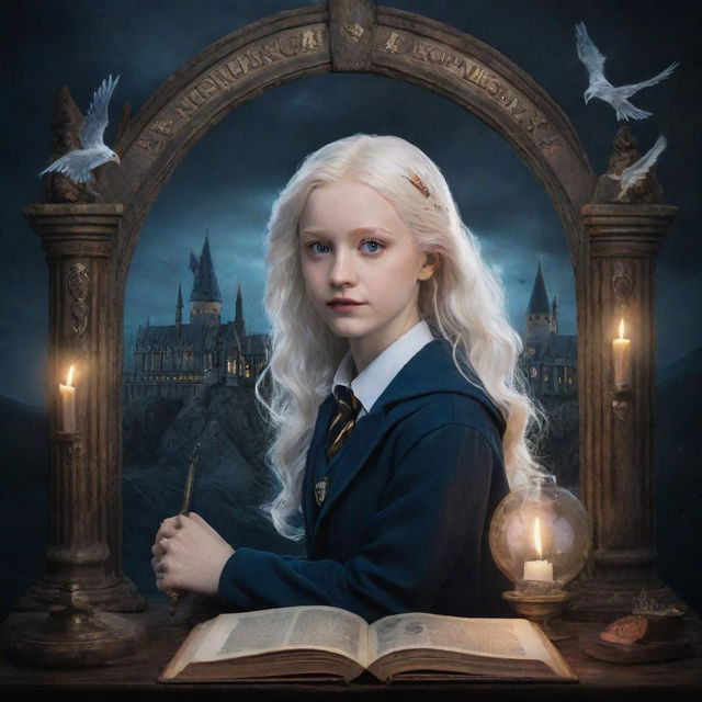 Create a cover that combines all these images: a nocturnal scene of Hogwarts, a portrait of a beautiful albino Ravenclaw girl with Harry Potter, symbols of magic like wands and Hogwarts, and unique elements of Magical Symphony, all using a mystical color palette.