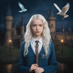 Create a cover that combines all these images: a nocturnal scene of Hogwarts, a portrait of a beautiful albino Ravenclaw girl with Harry Potter, symbols of magic like wands and Hogwarts, and unique elements of Magical Symphony, all using a mystical color palette.