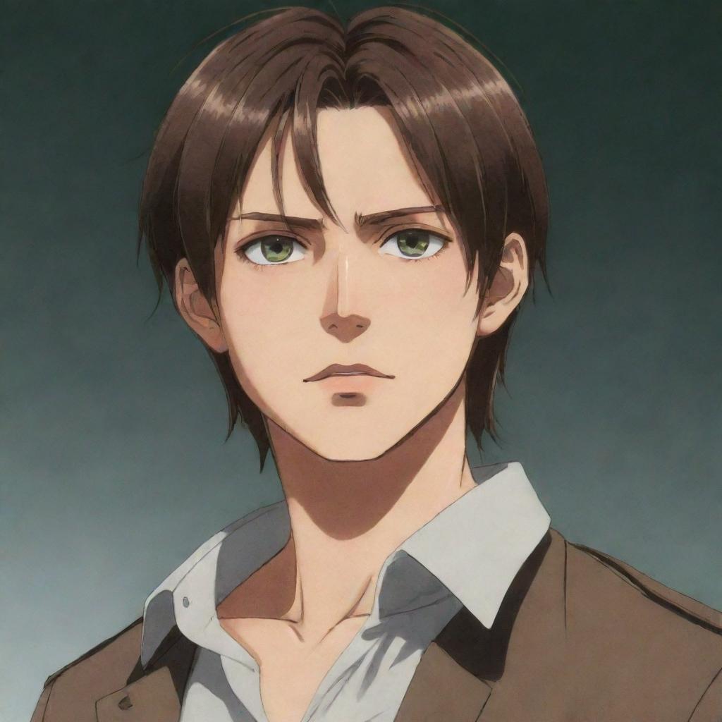 Teenage boy resembling Eren Jaegar with long brown hair, tall, slightly thin but well-toned physique and cold green eyes.