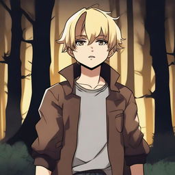 A ten year old boy with blonde hair and brown eyes, dressed in a dark style, with a mysterious expression on his face, as if he is searching for certainty