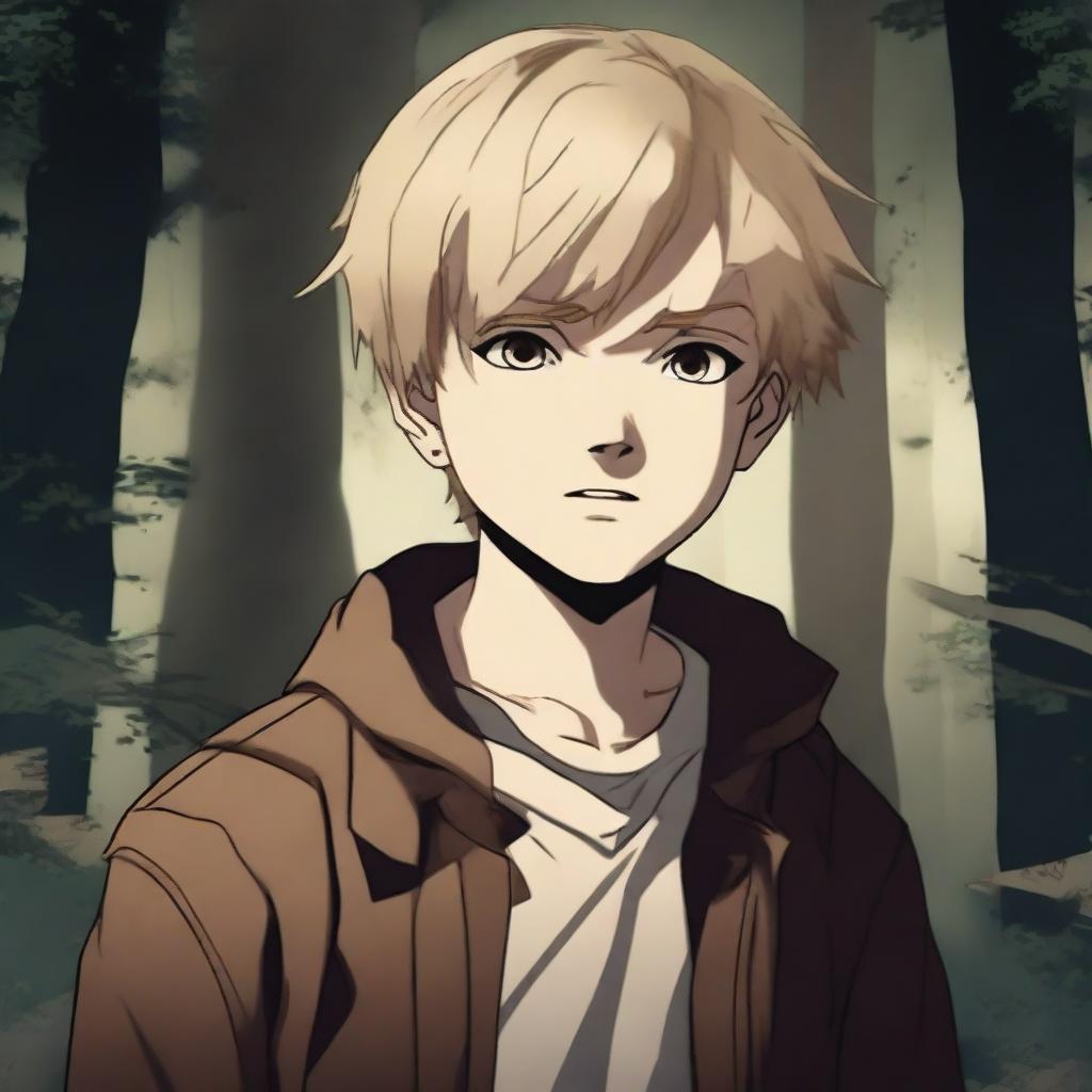 A ten year old boy with blonde hair and brown eyes, dressed in a dark style, with a mysterious expression on his face, as if he is searching for certainty