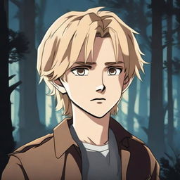 A ten year old boy with blonde hair and brown eyes, dressed in a dark style, with a mysterious expression on his face, as if he is searching for certainty