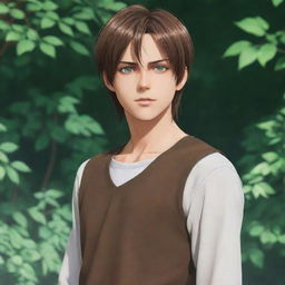 Teenage boy resembling Eren Jaegar with long brown hair, tall, slightly thin but well-toned physique and cold green eyes.