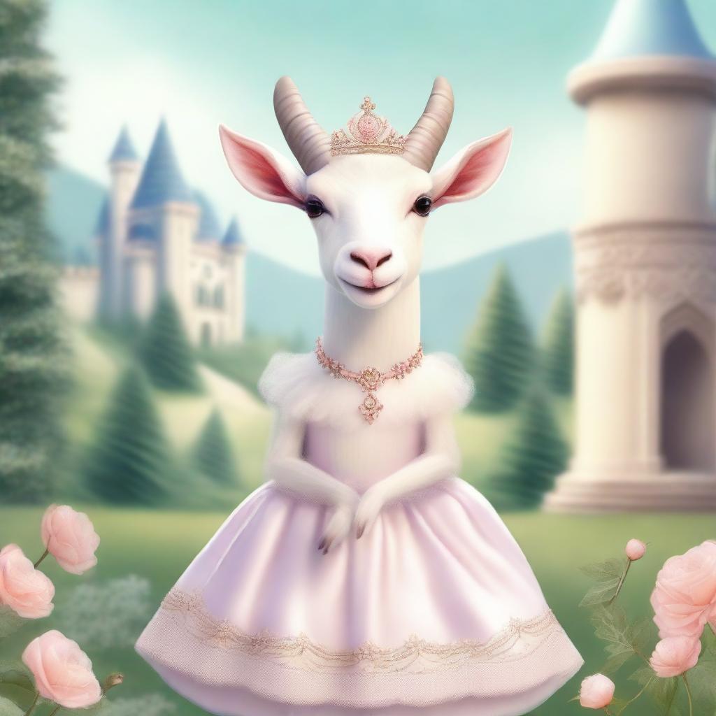 A whimsical and charming image of a goat dressed in a beautiful princess outfit, complete with a tiara, flowing gown, and delicate accessories