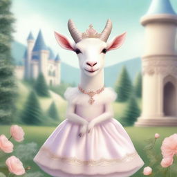 A whimsical and charming image of a goat dressed in a beautiful princess outfit, complete with a tiara, flowing gown, and delicate accessories