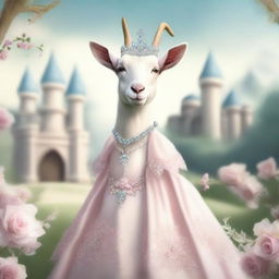 A whimsical and charming image of a goat dressed in a beautiful princess outfit, complete with a tiara, flowing gown, and delicate accessories