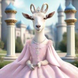 A whimsical and charming image of a goat dressed in a beautiful princess outfit, complete with a tiara, flowing gown, and delicate accessories