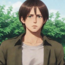 Teenage boy resembling Eren Jaegar with long brown hair, tall, slightly thin but well-toned physique and cold green eyes.