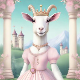 A whimsical and charming image of a goat dressed in a beautiful princess outfit, complete with a tiara, flowing gown, and delicate accessories