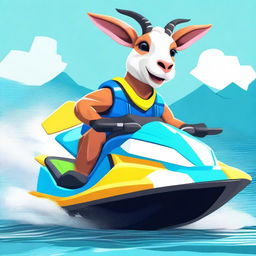 Create an image featuring Pilgor the goat dressed in a jet ski outfit, ready for an adventurous ride on the water