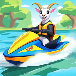 Create an image featuring Pilgor the goat dressed in a jet ski outfit, ready for an adventurous ride on the water