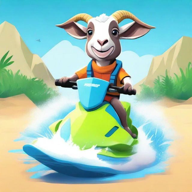 Create an image featuring Pilgor the goat dressed in a jet ski outfit, ready for an adventurous ride on the water