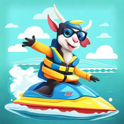 Create an image featuring Pilgor the goat dressed in a jet ski outfit, ready for an adventurous ride on the water