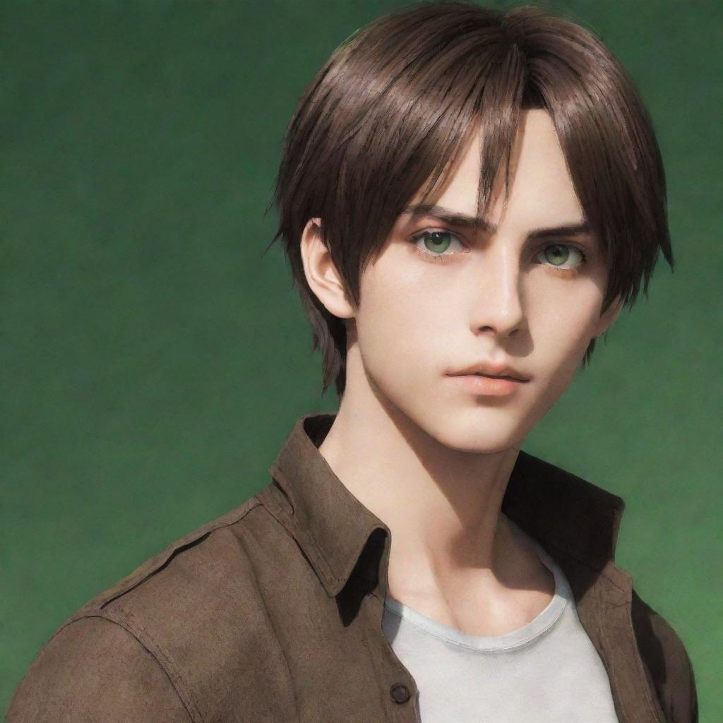 Teenage boy resembling Eren Jaegar with long brown hair, tall, slightly thin but well-toned physique and cold green eyes.