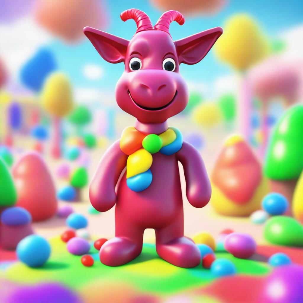 Create an image of Pilgor, the goat from Goat Simulator, dressed as a gummy bear in a whimsical candyland setting