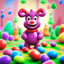 Create an image of Pilgor, the goat from Goat Simulator, dressed as a gummy bear in a whimsical candyland setting