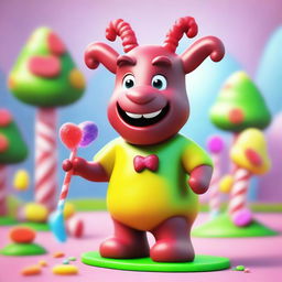 Create an image of Pilgor, the goat from Goat Simulator, dressed as a gummy bear in a whimsical candyland setting